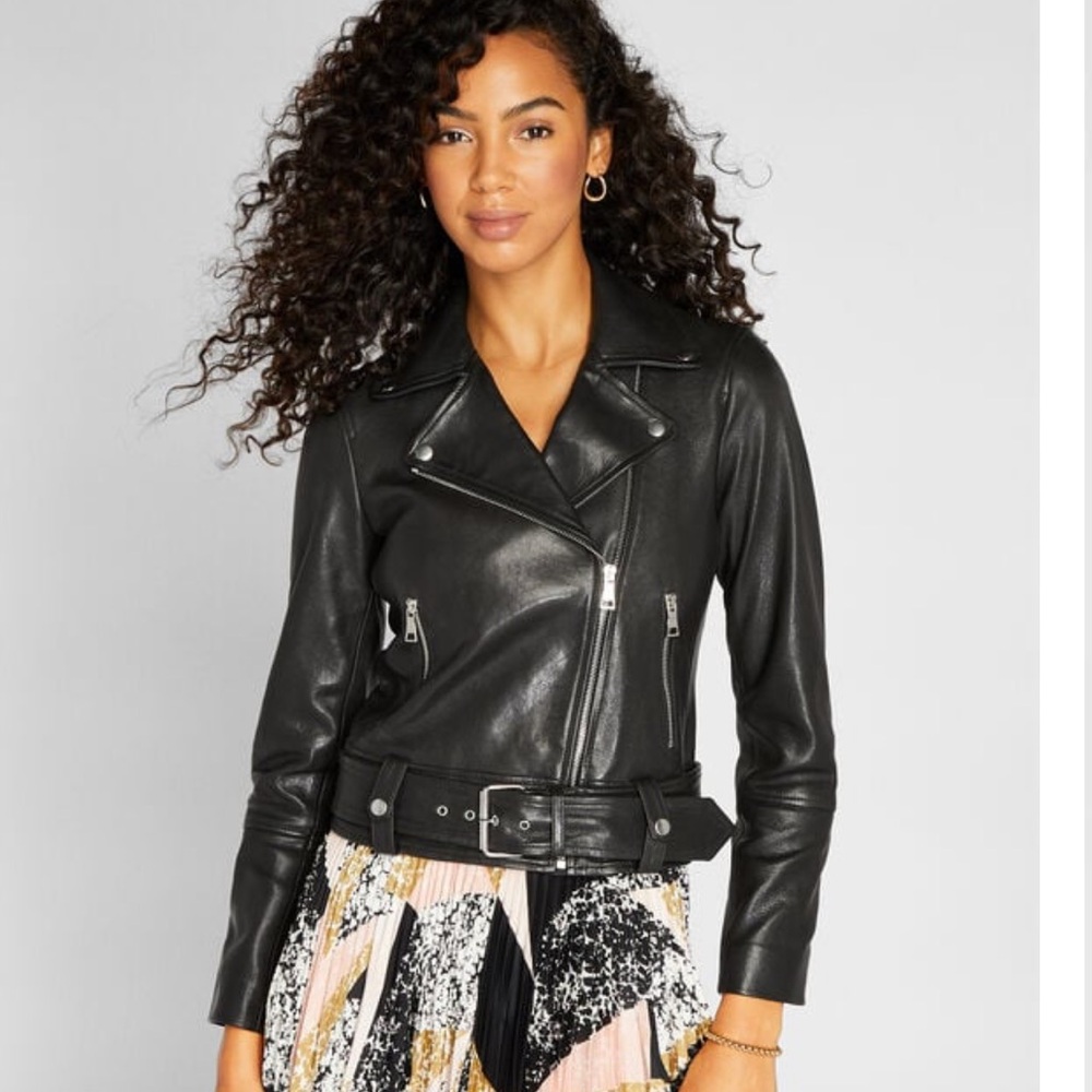 NEW Club Monaco Classic Leather Moto Jacket in Black Coat Outerwear Small Womens